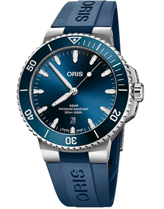 Oris Oris Aquis Date 01 733 7789 4135-07 4 23 35FC  01 733 7789 4135-07 4 23 35FC механические мужские часы синий циферблат, браслет каучук — вид спереди